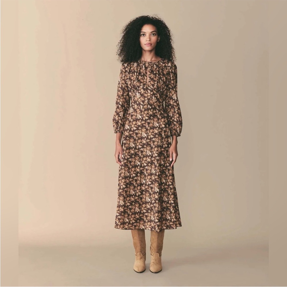 Doen Floral Midi Dress Brown Boho Prairie Puff Sleeve Organic Cotton M
